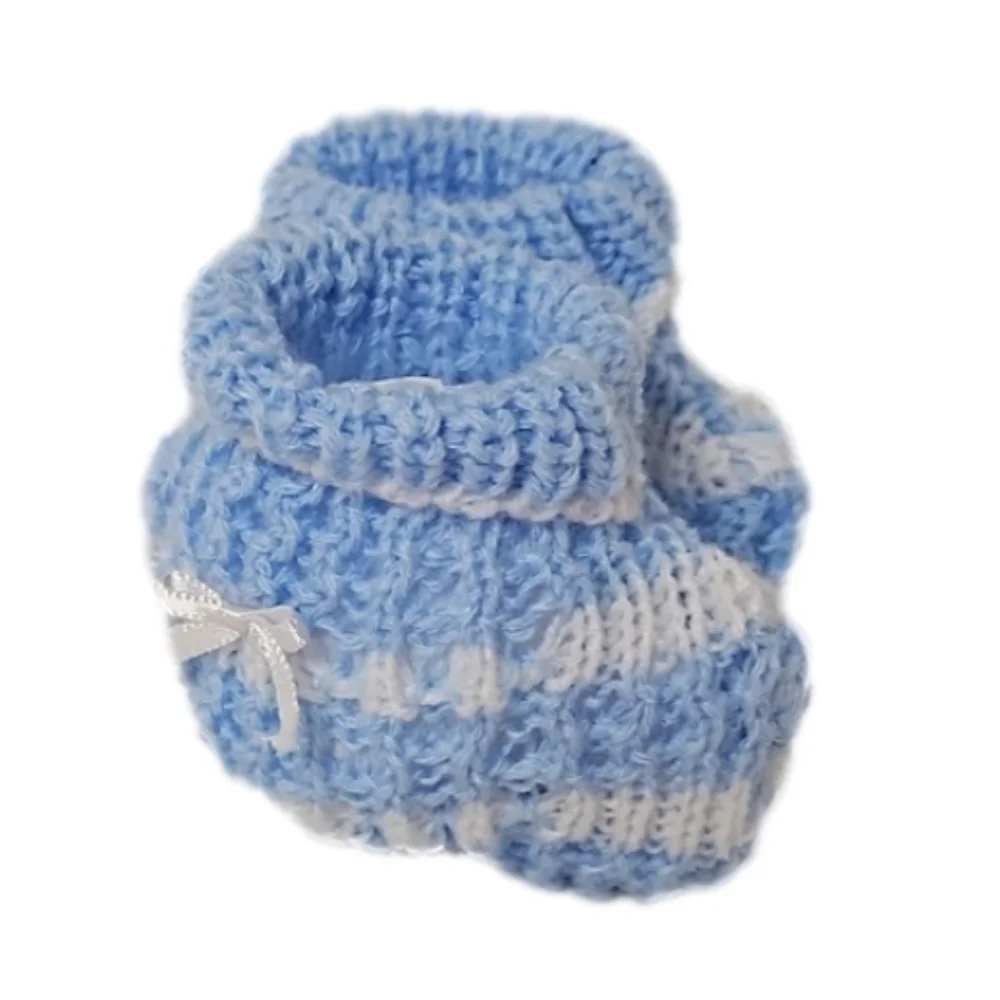 Hand Crafted Crochet Baby Shoes Baby Blue and white Tread & Handmade Bow Ribbon